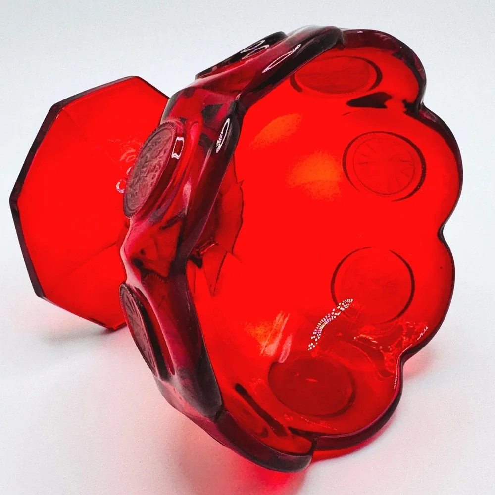 Fostoria Coin Glass Ruby Red Footed Compote Candy Dish UV Reactive Vintage
